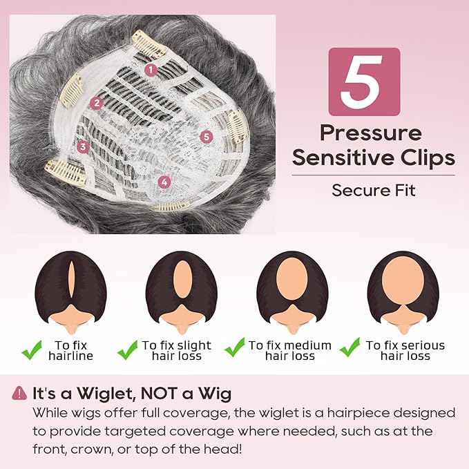 REECHO Hair Topper, Short Wiglet Hair Topper for Women with Thinning Large Coverage Synthetic Top Crown Hairpiece for Women - Steel Gray