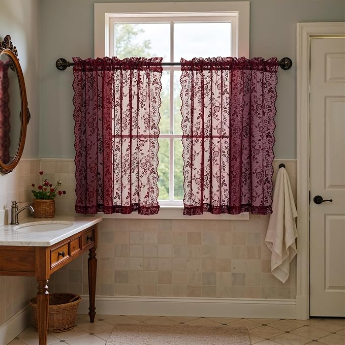 FINECITY Short Burgundy Sheer Curtains Leaf Floral W42 x L36 Inch, 2 Panels | - Image 6