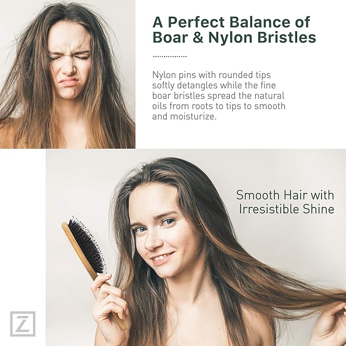 Natural Boar Bristle Hair Brush for Women, Men, Kids; Dry and Wet Detangling Hair Brush Gently Enhances Shine, Smooths Frizz and Prevents Breakage in Fine and Straight, Thick and Curly Hair (oval)