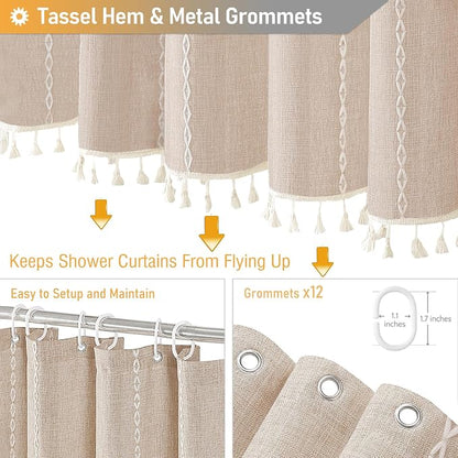 72x96 Extra Long Boho Linen Heavy Duty Shower Curtain Set, Tan/Taupe | Extra - Image 5