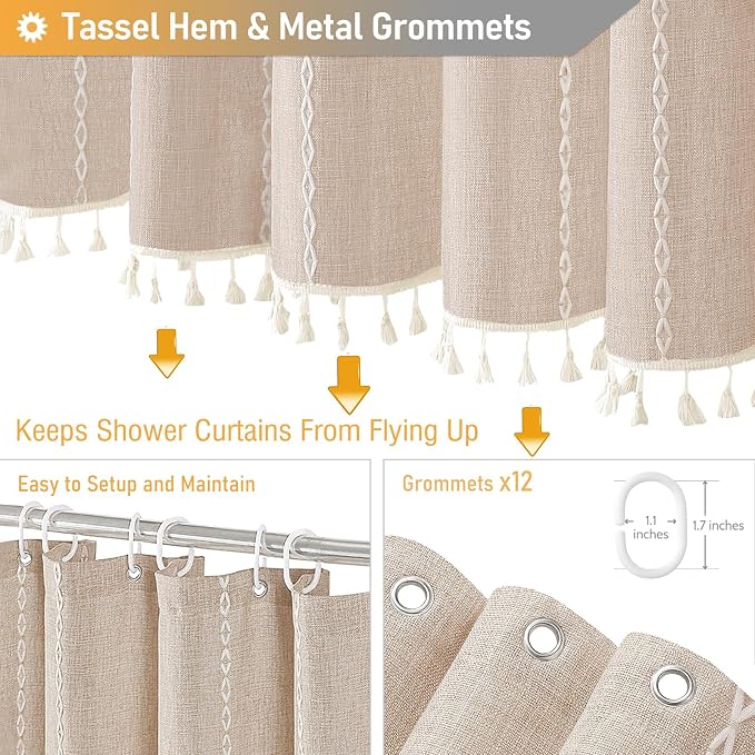 72x78 Long Boho Farmhouse Linen Heavy Duty Shower Curtain, Tan/Taupe | Tall Size - Image 5