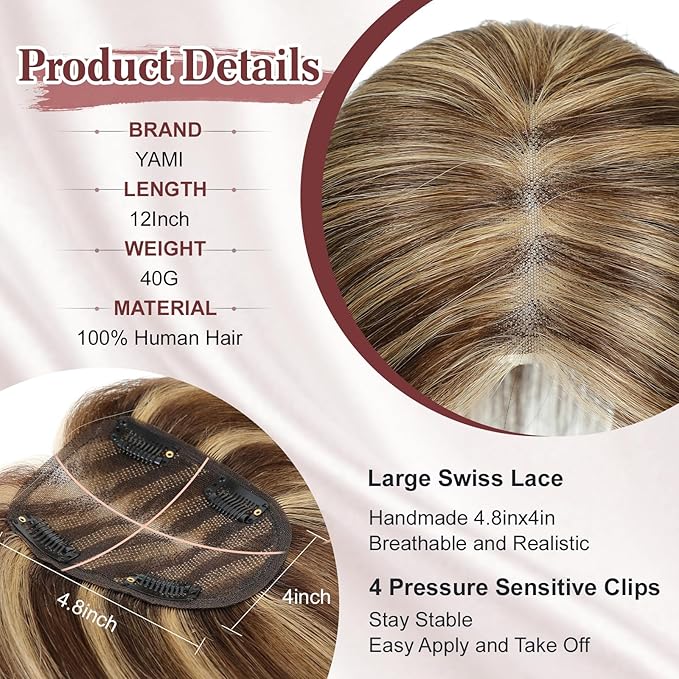 YAMI Hair Toppers for Women Real Human Hair, Human Hair Topper with Swiss Base Hairpieces for Women with Thinning Hair 12 Inch 40g - Medium Brown