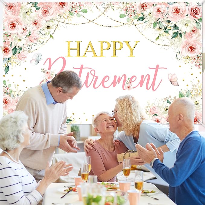 Mocsicka Happy Retirement Backdrop Pink Floral Retirement Banner - Image 6