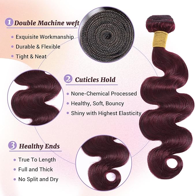 99J Human Hair Bundles Body Wave Burgundy Dark Red Wine Color Body Wave Bundles 18 20 22 Inch 3 Pcs/Pack 100% Real Human Hair And True To Length