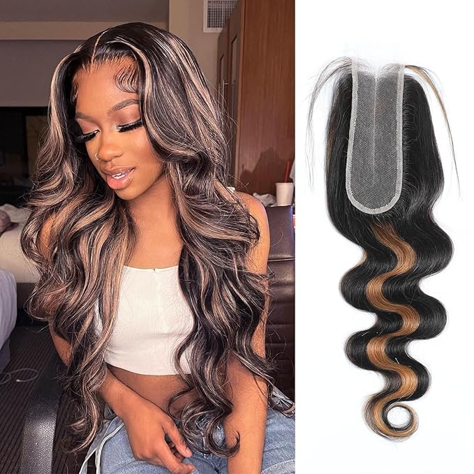 Body Wave 2x6 HD Lace Closure P1B/30 Highlight Brown Black Human Hair Transparent Lace Closure 2x6 Long Deep Middle Part 100% Raw Virgin Human Hair 12 Inch 150% Density