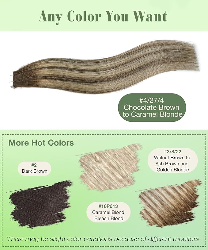 SURNEL 18 inch Tape in Hair Extensions Balayage Chocolate Brown to Caramel Blonde Human Hair Extensions Tape in 20pcs 50g(#4/27/4-18)