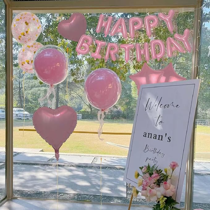 27 Pcs Pink Birthday Decorations, 3D Foil Pink Happy Birthday Balloon Banner - Image 7