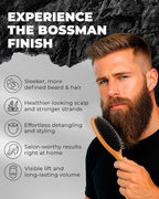 Bossman Men's Boar and Nylon Bristle Hair and Beard Brush - Detangling & Straightening Wooden Oval Wet Brush - Ergonomic Bamboo Design