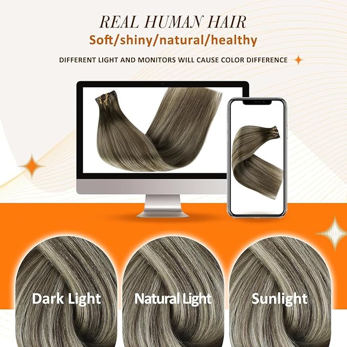 Full Shine 16 Inch Seamless Clip in Hair Extensions Balayage Remy Human Hair Clip in Brown to Platinum Blonde Real Human Hair Clip ins Softness 8 PCS 120 G
