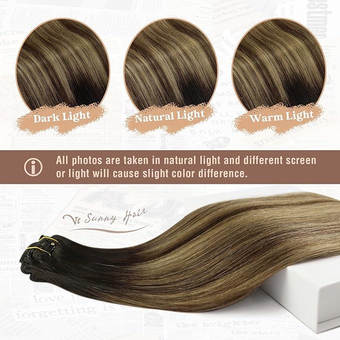 Ve Sunny Human Hair Clip in Extensions, Balayage Clip in Hair Extensions, Clip in Extensions Real Human Hair, Black Root Brown to Blonde Hair Extensions for Daily Use, 20inch 7pcs 120g
