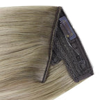YoungSee Wire Hair Extensions Real Human Hair Ash Blonde Wire Human Hair Extensions Balayage Ash Mix Platinum Blonde One Piece Hair Extension with Extra Clips for Women 16inch 80g