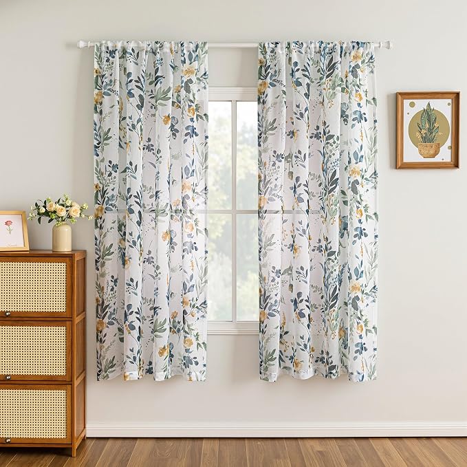 MYSKY HOME Yellow and Blue Sheer Floral Curtains 72 Inch Length 2 Panels | - Image 2