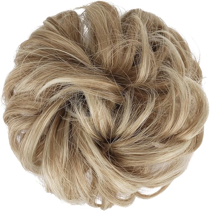 FESHFEN Messy Bun Hair Piece - Large Elastic Wavy Curly Hair Bun Scrunchies Ponytail Extensions Synthetic Chignon Hairpieces for Women, Mixed Blonde and Ash Blonde Tips 1.94oz