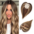 Human Hair Toppers for Women with Thinning Hair Real Human Topper Crown No Bangs 10 Inch #4P27 Medium Brown mix Dark Blonde