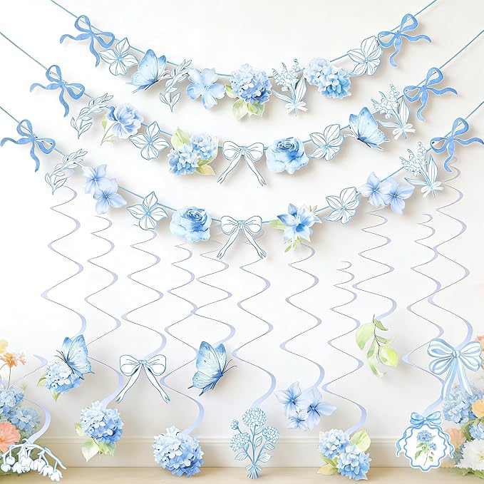 Blue Party Decorations, with 3 Pre-strung Flower Banners and 20 Hanging Swirls by OBBOLO