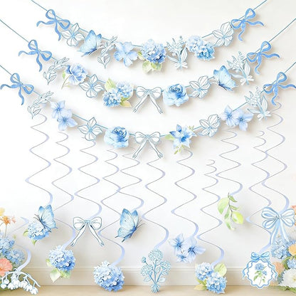 Blue Party Decorations, with 3 Pre-strung Flower Banners and 20 Hanging Swirls by OBBOLO