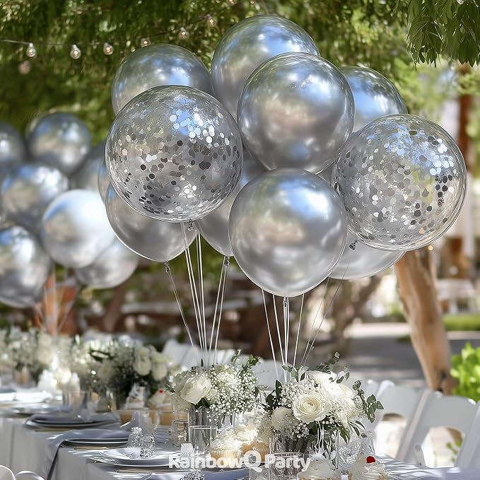 RainbowQ Metallic Silver Balloons 55Pcs 12 Inch Confetti Helium | Chrome Silver - Image 5