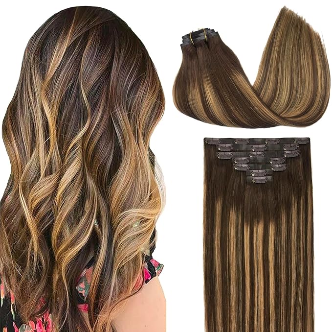 GOO GOO Clip in Hair Extensions Real Human Hair, Remy Human Hair Extensions Clip ins for Women, Natural Human Hair, 20inch 130g 7Pcs, #4/27/4 Balayage Chocolate Brown to Caramel Blonde
