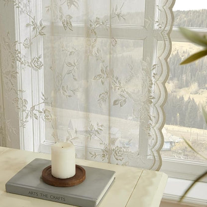 Khaki Lace Curtains 72 Inch Length 2 Panels set Vintage Floral Sheer Curtains - Image 4