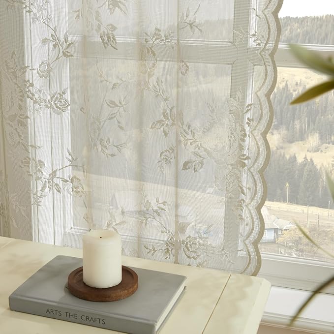 Khaki Lace Curtains 80 Inches Long 2 Panels Vintage Floral Sheer Curtains - Image 4