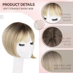 LEEONS Hair Toppers for Women with Bangs Short Bob Synthetic Pieces for Thinning Hair Side Part (Blonde Mixed Light Blonde and Dark Brown Root)