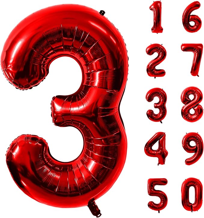 40 Inch Red Number 3 Balloon Large Red Foil Balloon Red 3 Balloons Mylar Helium by Yeodong