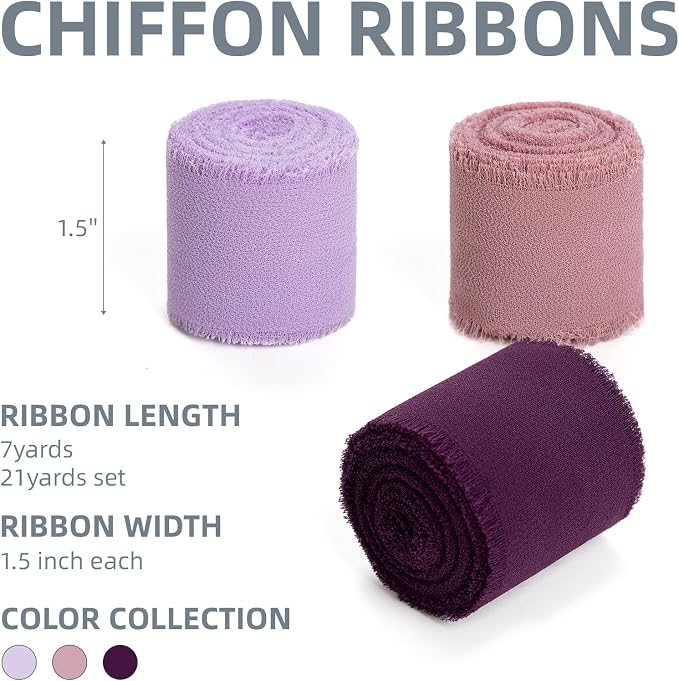 KEOSREE Purple Lavender Dusty Rose Chiffon Ribbon, 1.5" x21Yd | Handmade Frayed - Image 2