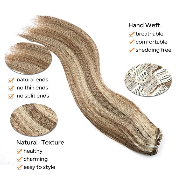 Straight Clip In Hair Extensions Real Human Hair 8Pcs Clip In Balayage Chestnut Brown Highlight Blonde Human Hair Extensions with 18Clips Lace Weft 120g 22inch