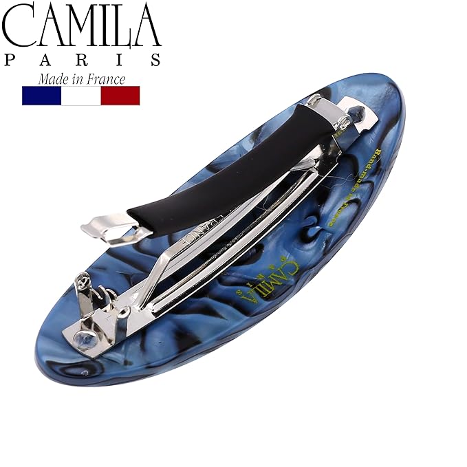 Camila Paris CP2984 French Hair Barrette Clip Handmade Oval Blue, Strong Hold Grip Hair Clips for Women, No Slip Rubberized Metal Closure, Durable Styling Girls Hair Accessories, Made in France