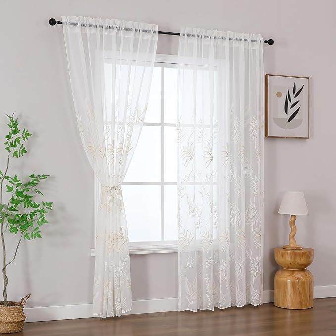 White Sheer Curtains Beige Embroidered Leaf 2 Panels 84 Inches | Light - Image 5