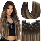 YoungSee Clip in Human Hair Extensions Balayage Brown Hair Clip in Extensions Chocolate Brown Balayage Caramel Blonde Clip Hair Extension Real Human Hair Long Straight for Women 120G 7Pcs 24Inch
