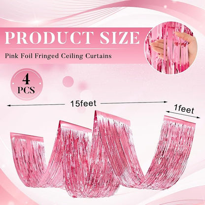 4 Pcs 15ft Pink Metallic Foil Ceiling Fringe Curtains, Party Decor Fringe Drapes - Image 2