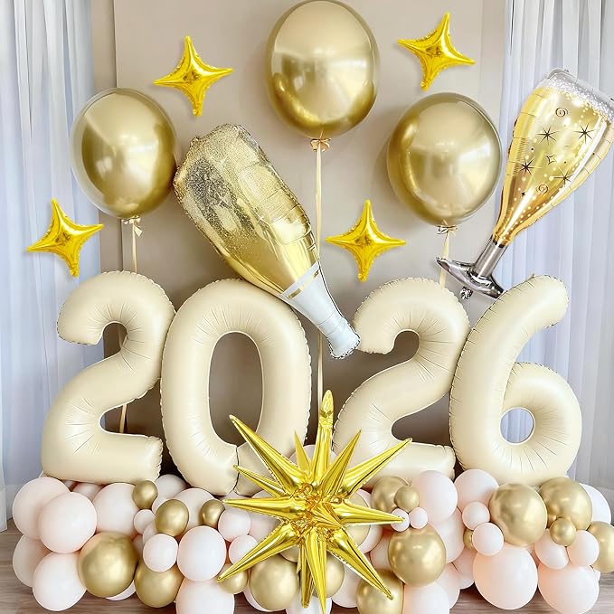 Cream White 2026 Balloons, 40 Inch Number 2026 Nude White Foil Balloons Gold - Image 6