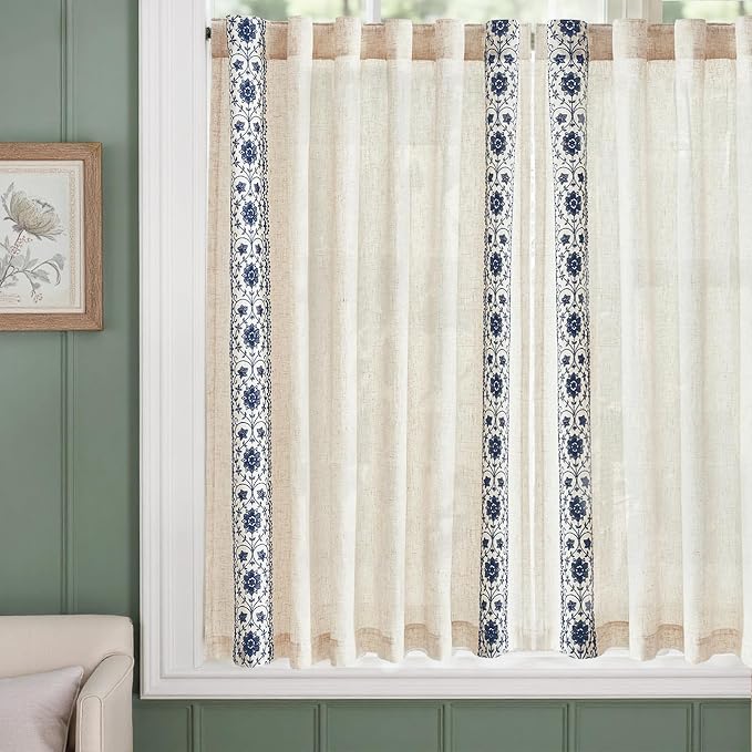 jinchan Blue Floral Embroidered Linen Kitchen Curtains 54×45 Inch 2 Panels | - Image 5