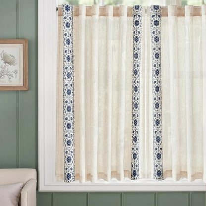 jinchan Blue Floral Embroidered Linen Kitchen Curtains 54×45 Inch 2 Panels | - Image 5
