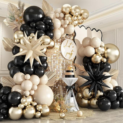 Black and Gold Balloon Arch Kit 138Pcs Chrome Gold Sand White Star Foil Balloons by EUMIRO
