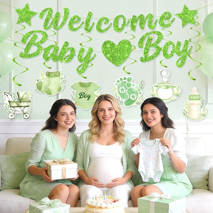 Green Baby Shower Decorations for Boys Glitter Greenery Welcome Baby Boy Banner - Image 5