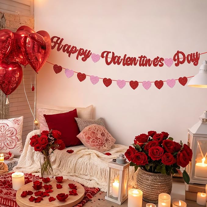 Happy Valentines Day Banner Glitter Valentines Banner Red Pink Heart Garland - Image 5