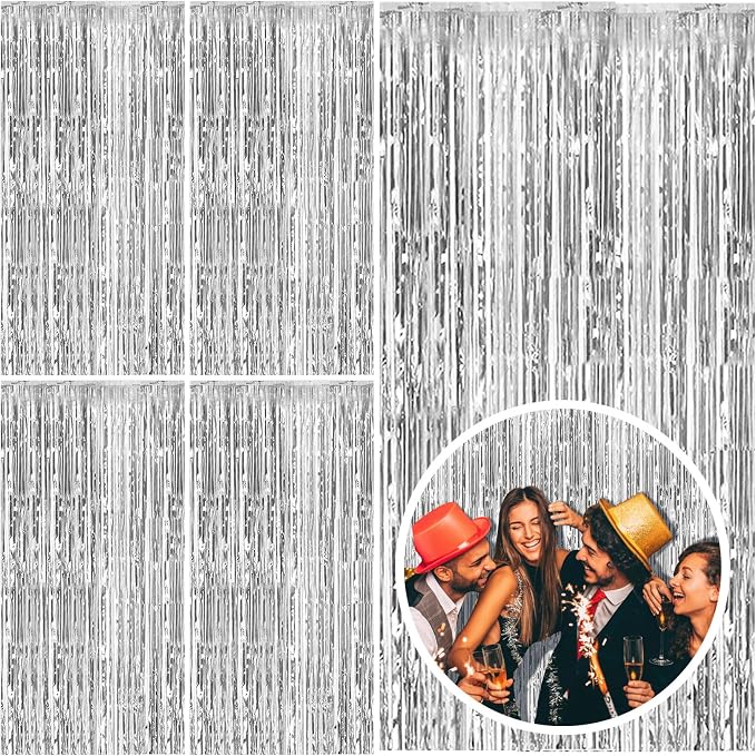 5 Pack Silver Backdrop Curtain Party Decorations Foil Fringe Backdrop Silver by BOMSI
