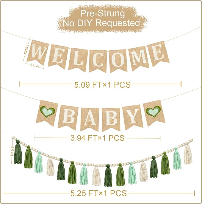 Baby Shower Burlap Pennant Banner Flag Felt Welcome Baby Sign Ombre Sage Green - Image 2