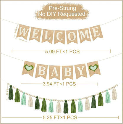 Baby Shower Burlap Pennant Banner Flag Felt Welcome Baby Sign Ombre Sage Green - Image 2