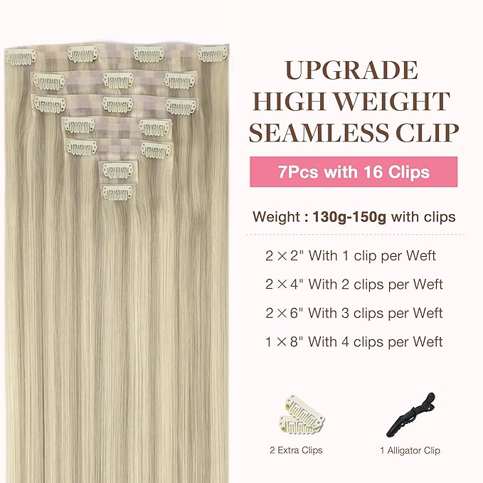 GOO GOO Clip in Hair Extensions Real Human Hair, Remy Human Hair Extensions Clip ins for Women, Natural Human Hair, 20inch 150g 7Pcs, 17A/60A Ash Blonde Highlighted Platinum Blonde