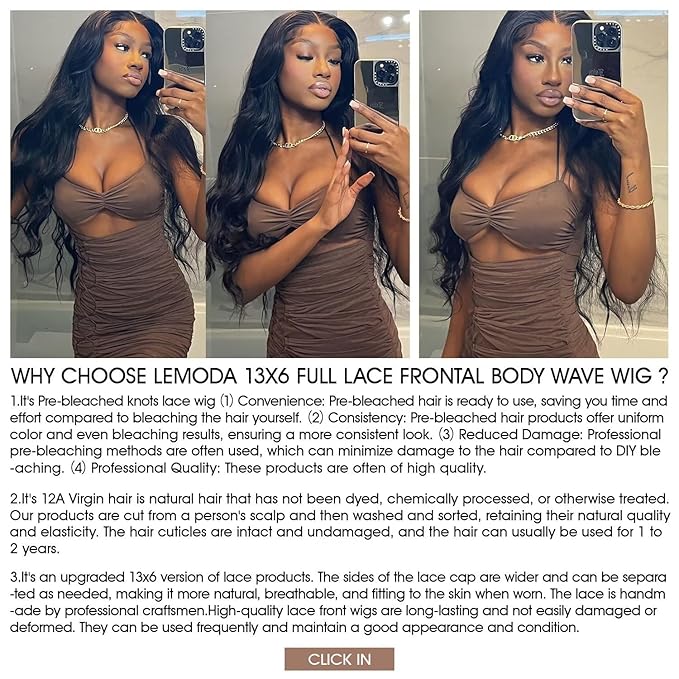 Lemoda Body Wave 13x6 Full Lace Frontal Virgin Human Hair Wigs 210% Density Body Wave Top 15A 13x6 HD Transparent Lace Front Wig Pre-Bleached Knots Invisible Lace Tiny Knots 32Inch