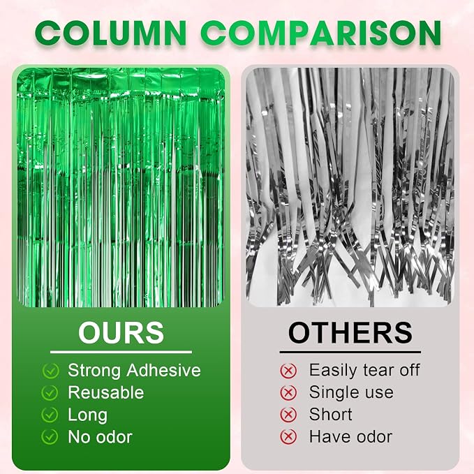 Voircoloria Green Foil Fringe Backdrop Curtains, 3 Pack | Tinsel Streamers - Image 5