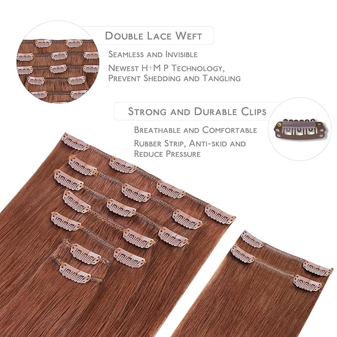 WENNALIFE Clip in Hair Extensions Real Human Hair, 24 Inch 150g 9pcs Human Hair Extensions Clip In, Dark Auburn Copper Hair Extensions Clip In Real Hair Coloured Remy Human Hair Extensions