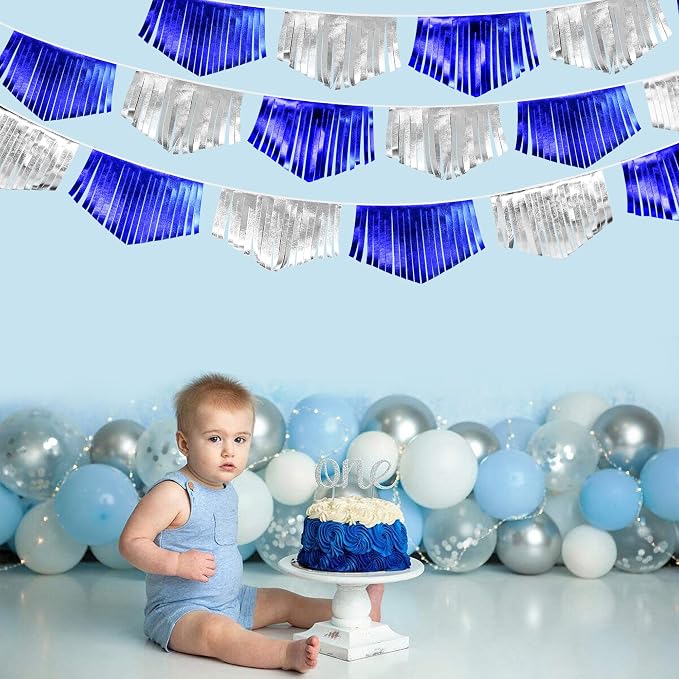 Royal Blue Silver Tassel Banner Metallic Fabric Pennant Bunting Flag - Image 5
