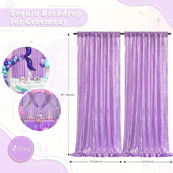 Lavender Sequin Backdrop Curtains Party Photo Glitter Drapes 2 Pcs 2FTx8FT | - Image 4