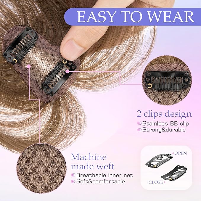 Hairro Bangs Hair Clip 3D 360°Cover Clip On Bangs Remy Human Hair Topper With Bangs Fringe French Bangs With Temples Clip In Bangs Hair Extensions 8 Inches 10g #04 Medium Brown