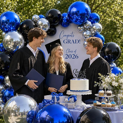 Blue Silver Black Round Balloons Foil, Metallic Blue Silver Balloons - Image 6
