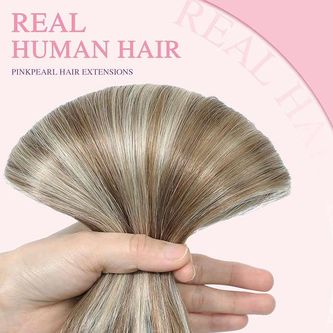 PINKPEARL Clip in Hair Extensions Straight Human Hair #8P60 Ash Brown Highlighted Platinum Blonde Clip in Extensions Remy Real Human Hair Extensions 7pcs 120g 22 Inch(#8P60-22)